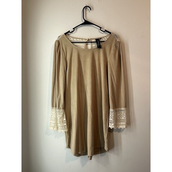 Trixxi Western Suede Dress Knee Length‎ Long Sleeve Lace Accents Tan Size Medium - Picture 1 of 4